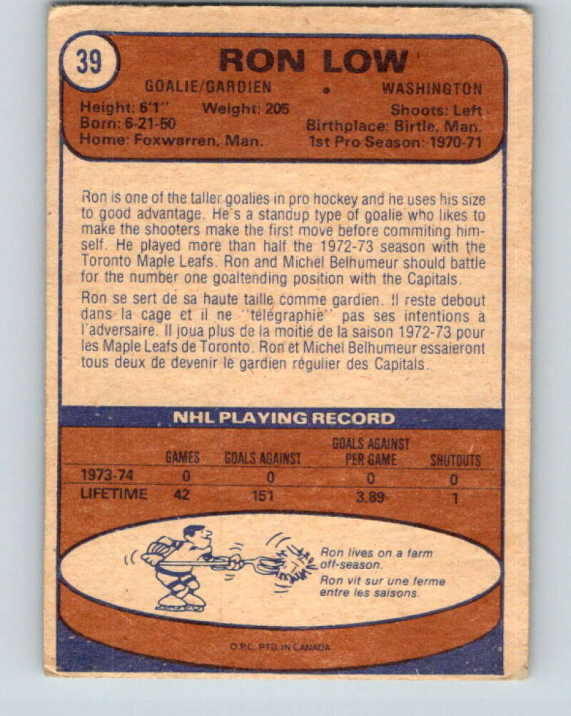 1974-75 O-Pee-Chee #39 Ron Low Washington Capitals V4303