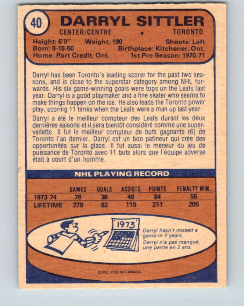 1974-75 O-Pee-Chee #40 Darryl Sittler Toronto Maple Leafs V4304