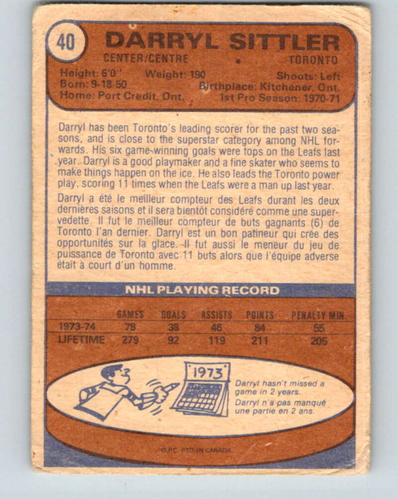 1974-75 O-Pee-Chee #40 Darryl Sittler Toronto Maple Leafs V4305