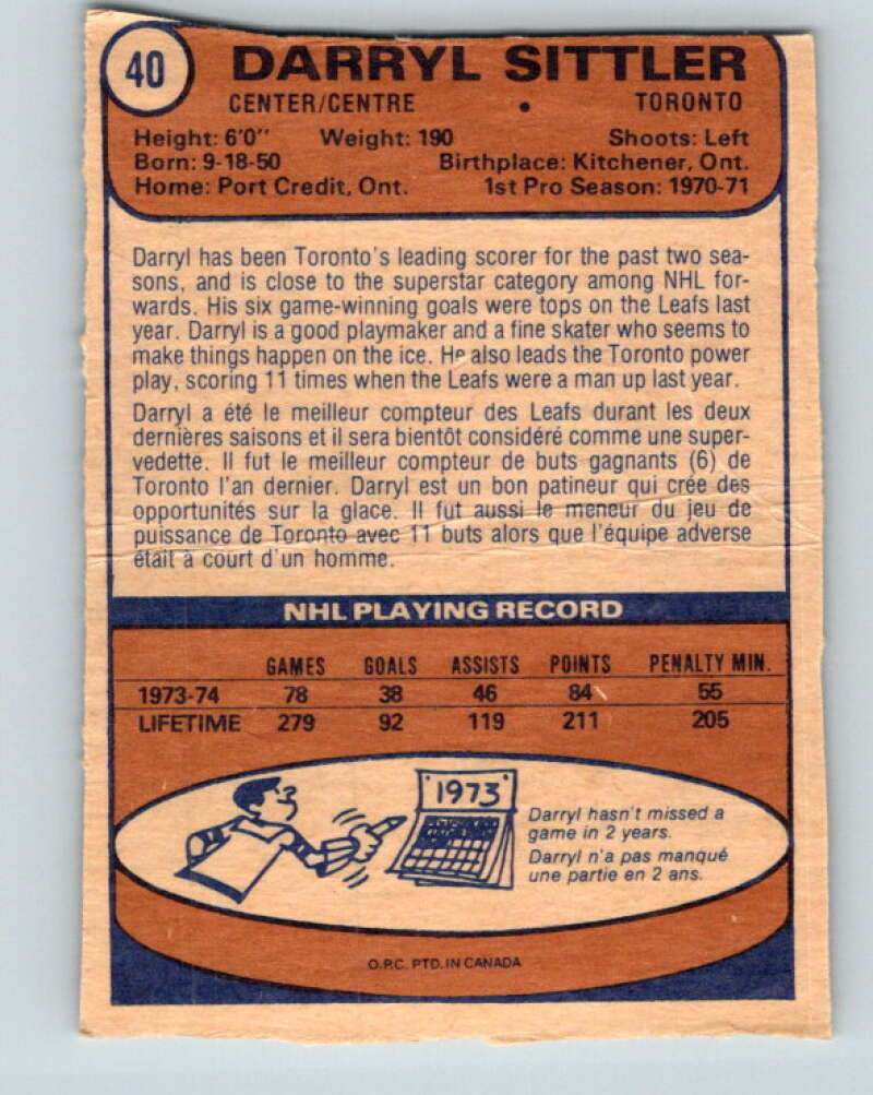 1974-75 O-Pee-Chee #40 Darryl Sittler Toronto Maple Leafs V4306