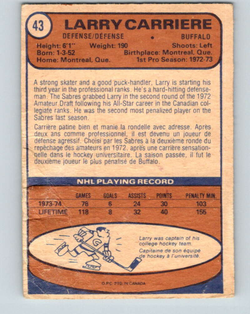 1974-75 O-Pee-Chee #43 Larry Carriere Buffalo Sabres V4311