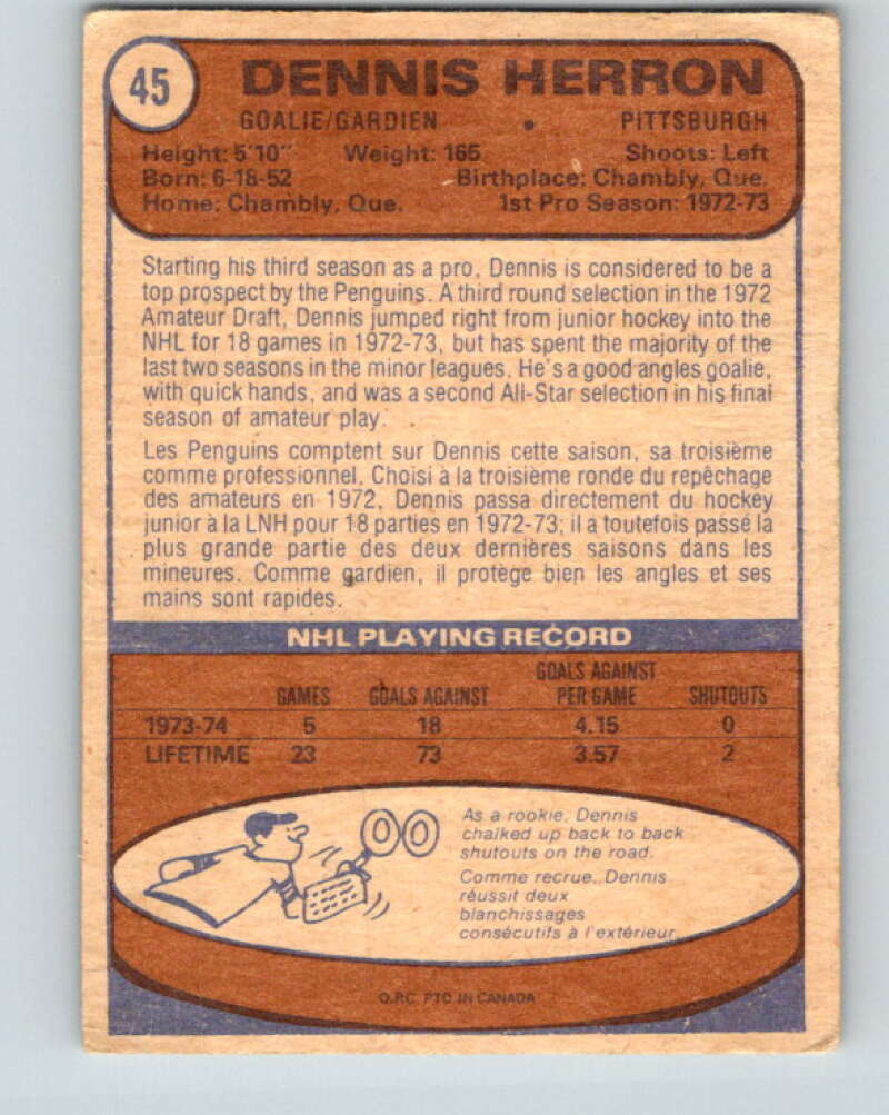 1974-75 O-Pee-Chee #45 Denis Herron RC Rookie Pittsburgh Penguins V4314