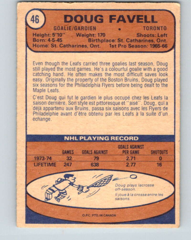 1974-75 O-Pee-Chee #46 Doug Favell Toronto Maple Leafs V4315
