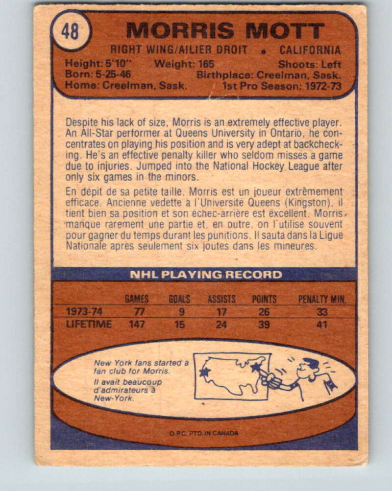 1974-75 O-Pee-Chee #48 Morris Mott RC Rookie Seals V4317