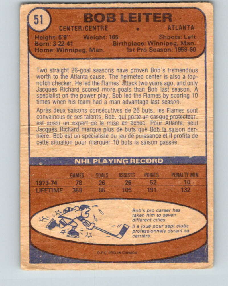 1974-75 O-Pee-Chee #51 Bob Leiter Atlanta Flames V4327