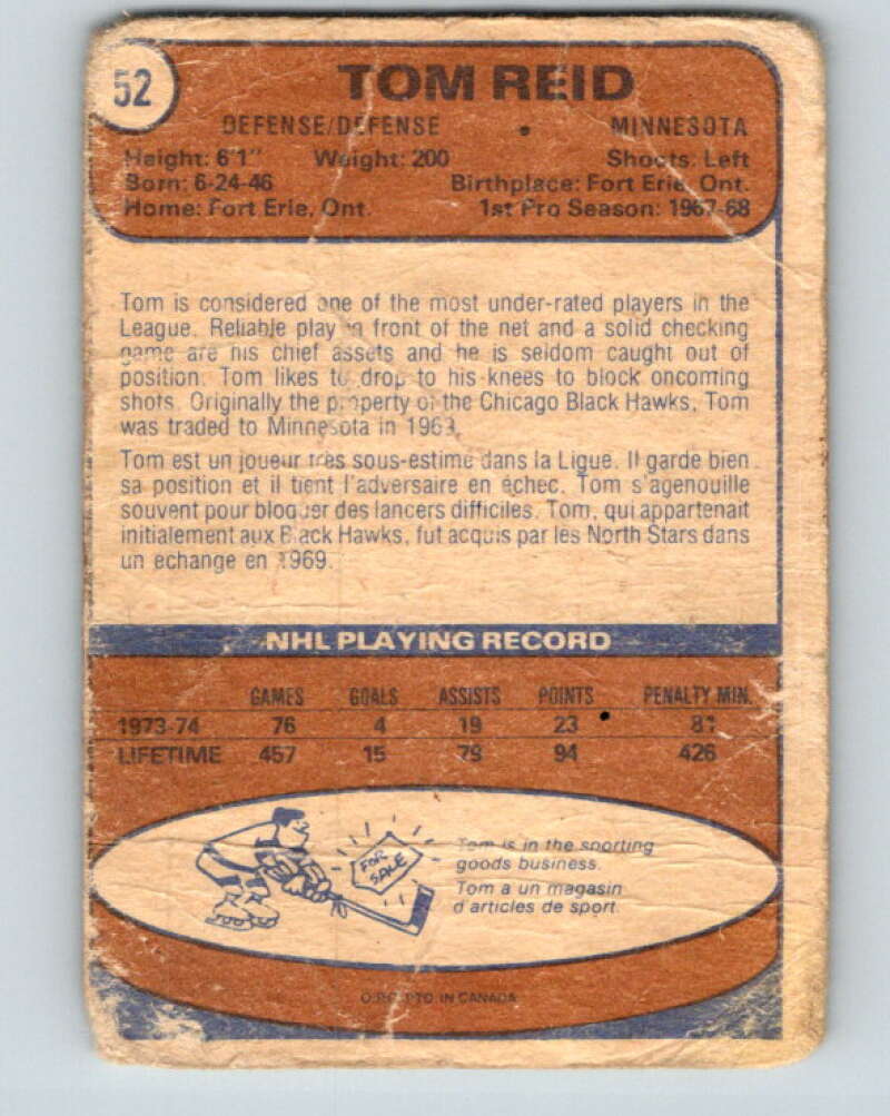1974-75 O-Pee-Chee #52 Tom Reid Minnesota North Stars V4328