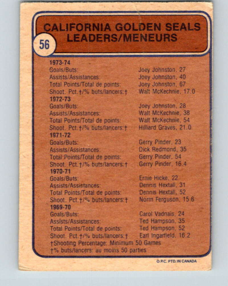 1974-75 O-Pee-Chee #56 McKechnie/Johnston TL Seals V4335