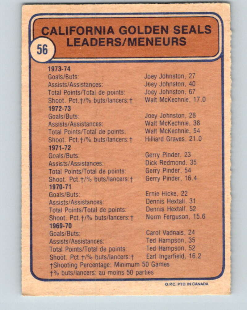 1974-75 O-Pee-Chee #56 McKechnie/Johnston TL Seals V4336