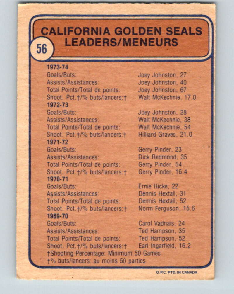 1974-75 O-Pee-Chee #56 McKechnie/Johnston TL Seals V4337