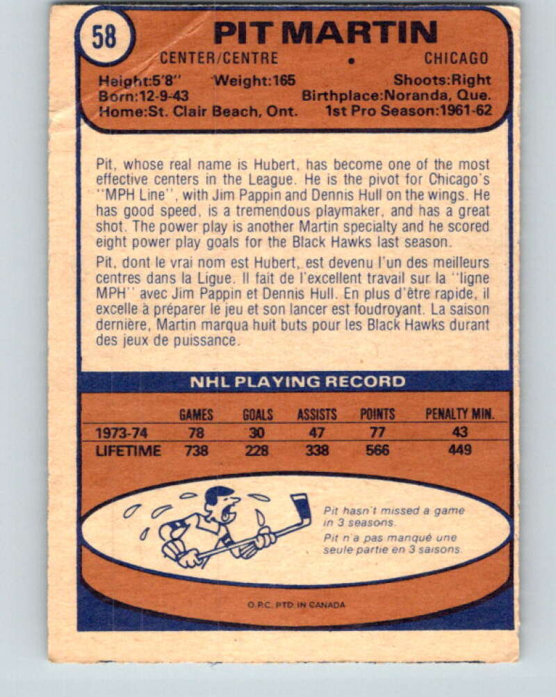 1974-75 O-Pee-Chee #58 Pit Martin Chicago Blackhawks V4340