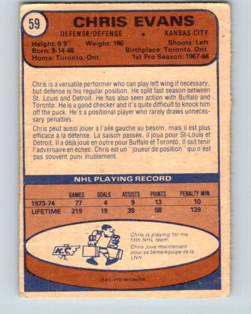 1974-75 O-Pee-Chee #59 Chris Evans Kansas City Scouts V4341
