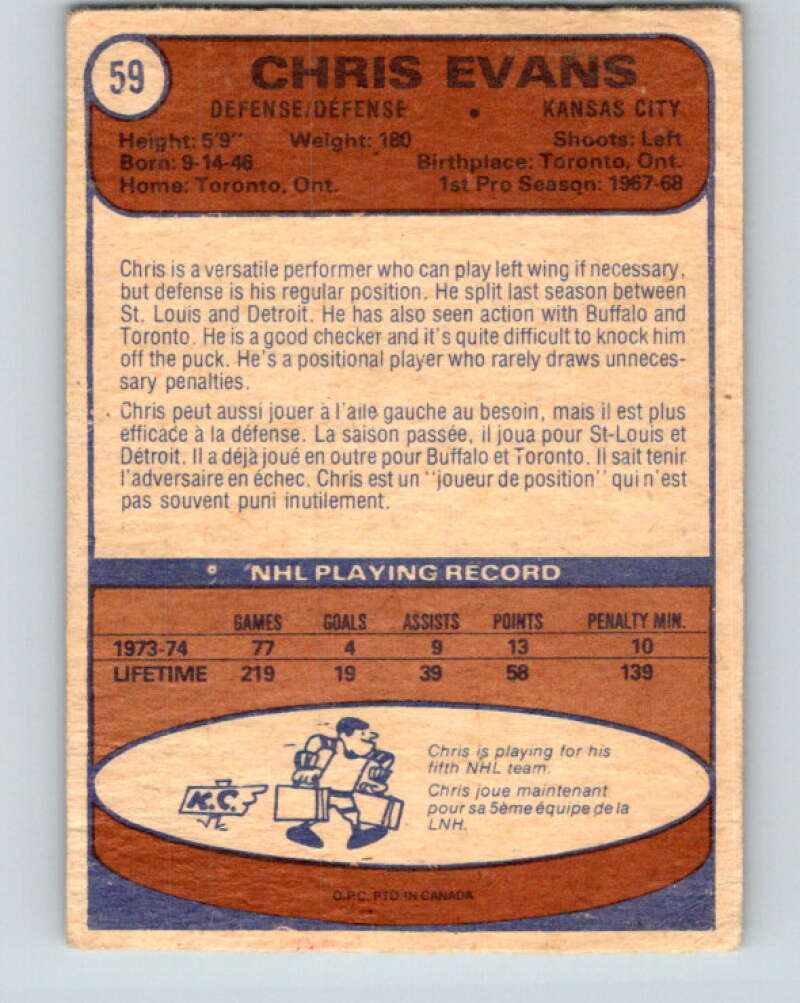 1974-75 O-Pee-Chee #59 Chris Evans Kansas City Scouts V4342