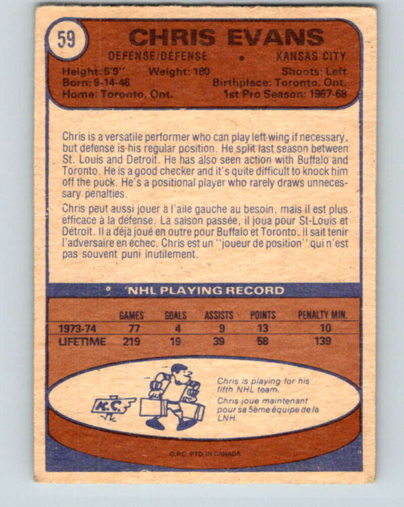 1974-75 O-Pee-Chee #59 Chris Evans Kansas City Scouts V4343