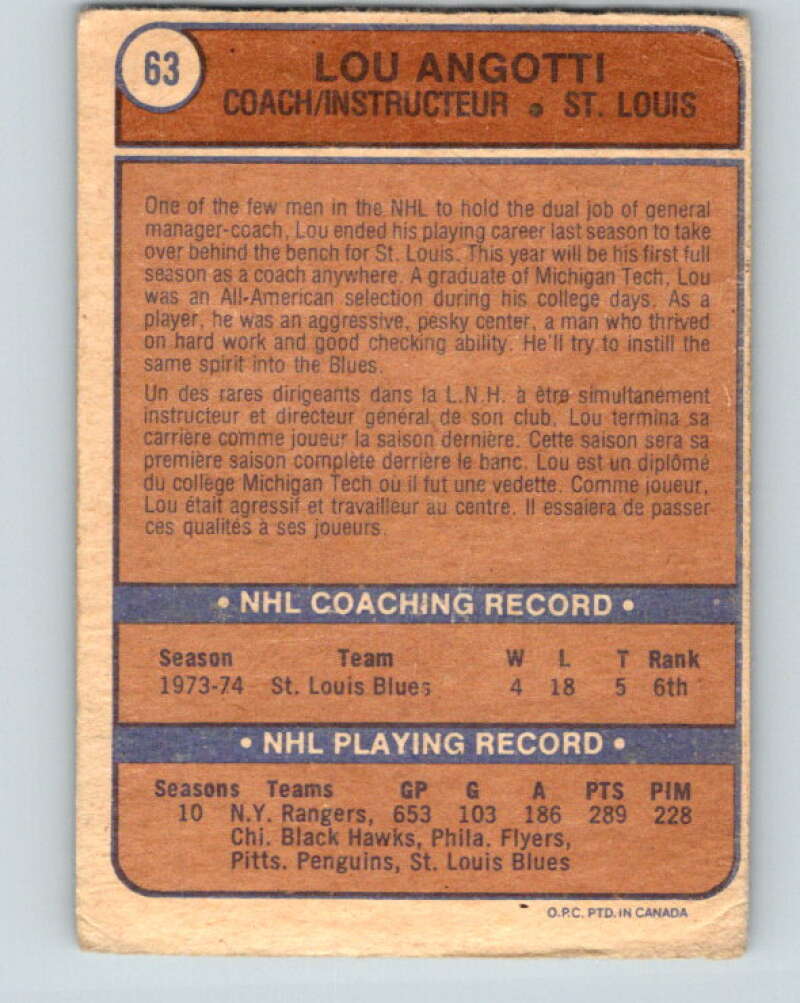 1974-75 O-Pee-Chee #63 Lou Angotti CO V4348
