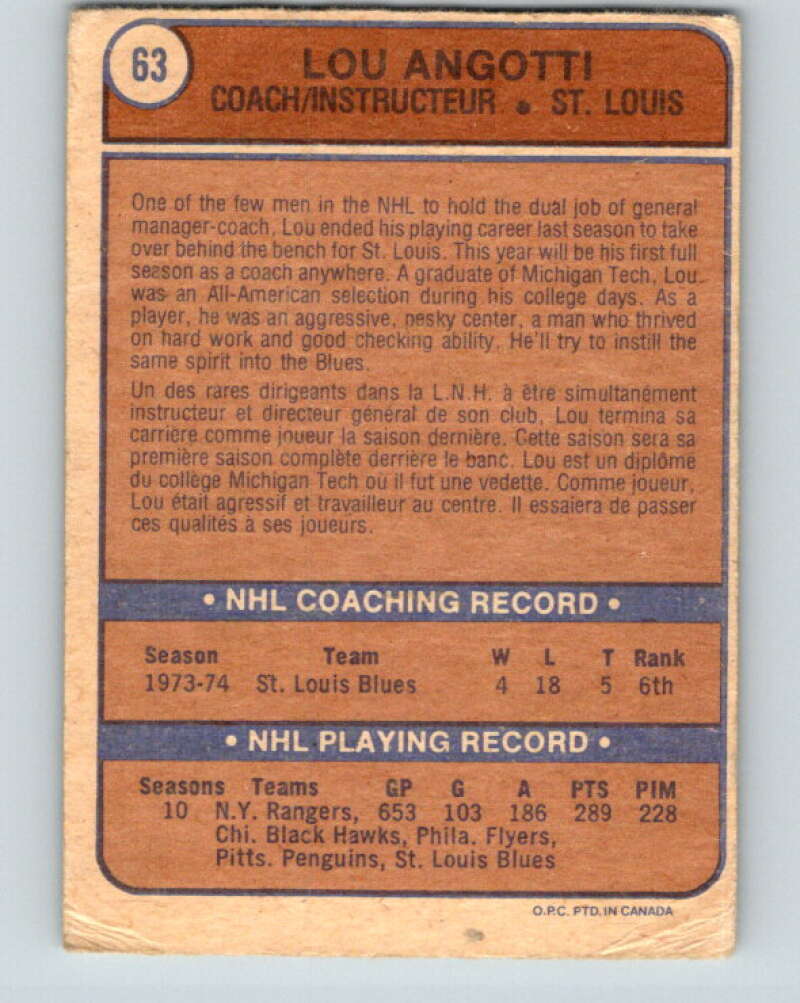1974-75 O-Pee-Chee #63 Lou Angotti CO V4349