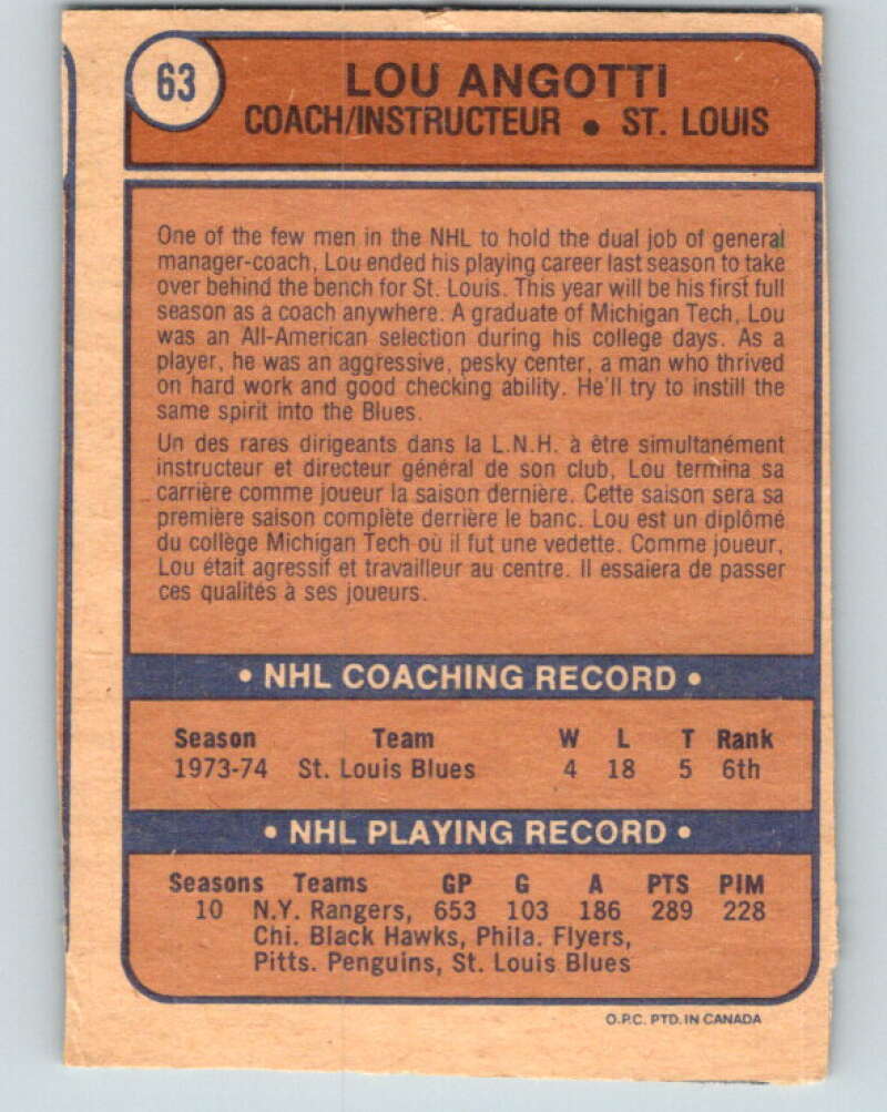 1974-75 O-Pee-Chee #63 Lou Angotti CO V4350