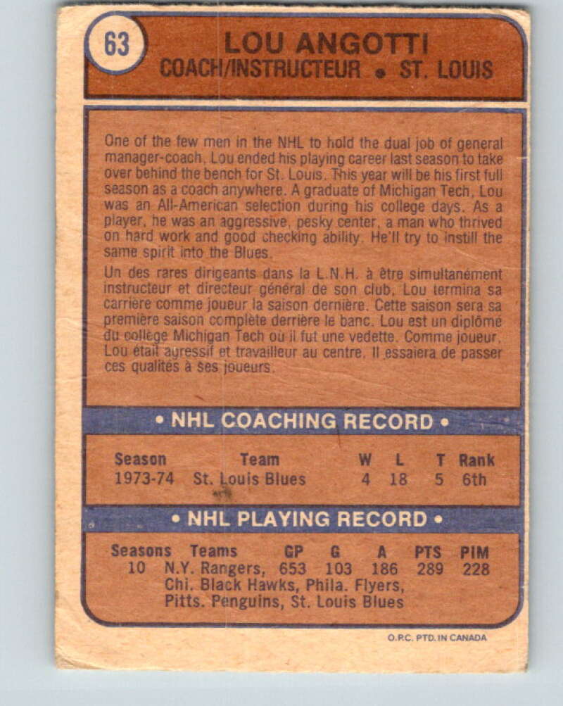 1974-75 O-Pee-Chee #63 Lou Angotti CO V4351