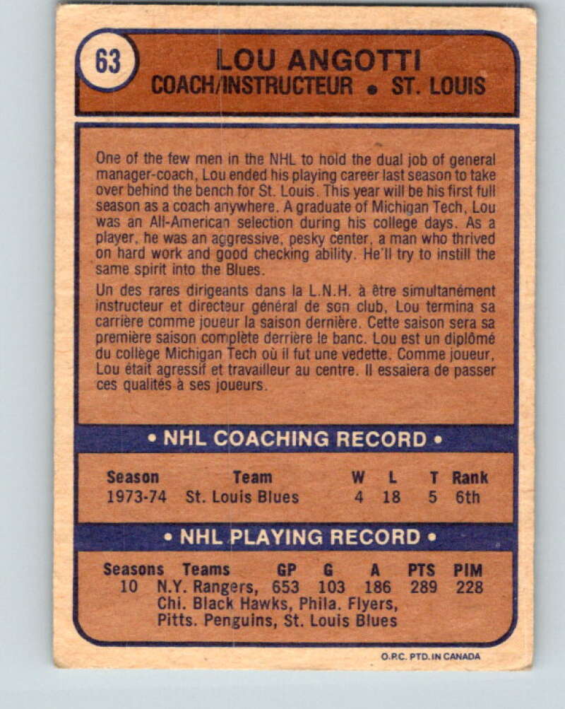 1974-75 O-Pee-Chee #63 Lou Angotti CO V4352