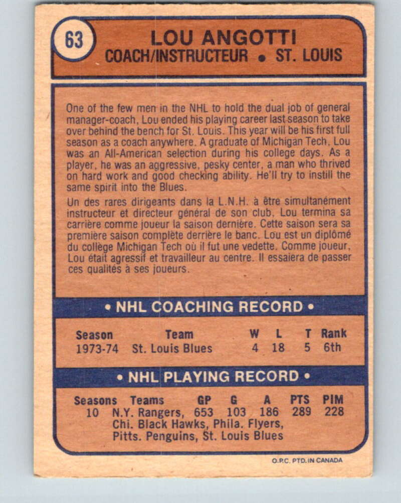 1974-75 O-Pee-Chee #63 Lou Angotti CO V4353