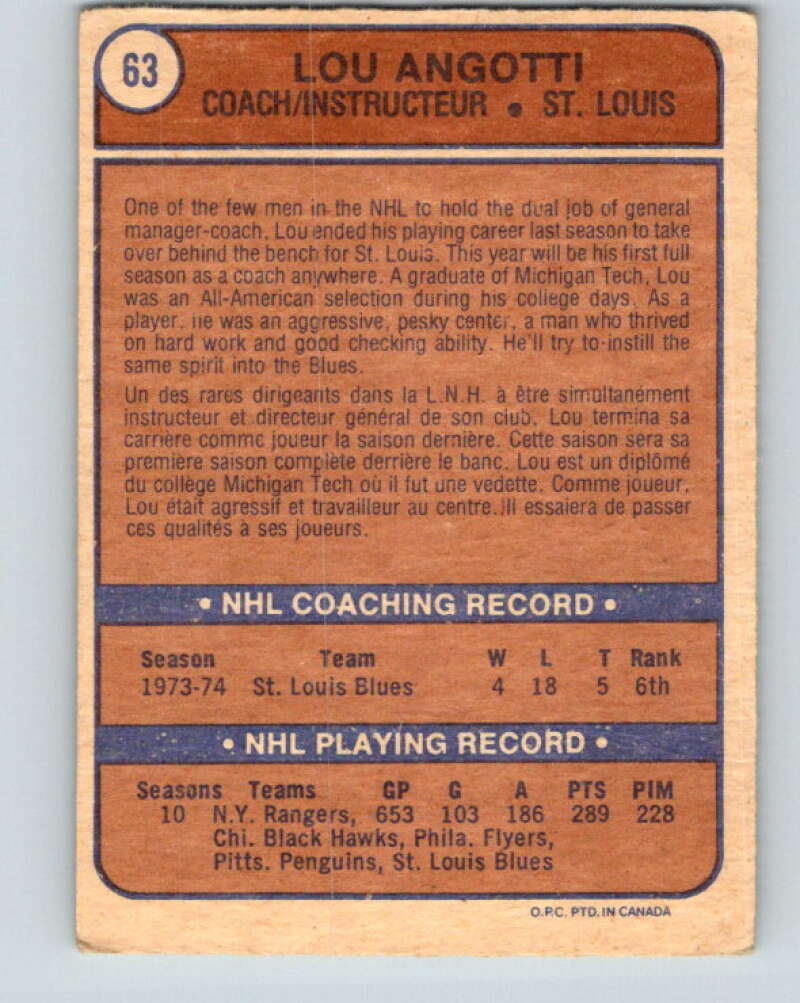 1974-75 O-Pee-Chee #63 Lou Angotti CO V4354