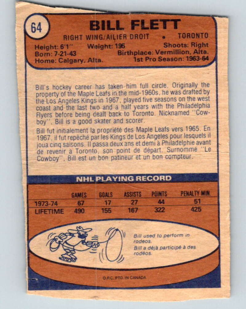 1974-75 O-Pee-Chee #64 Bill Flett Toronto Maple Leafs V4355