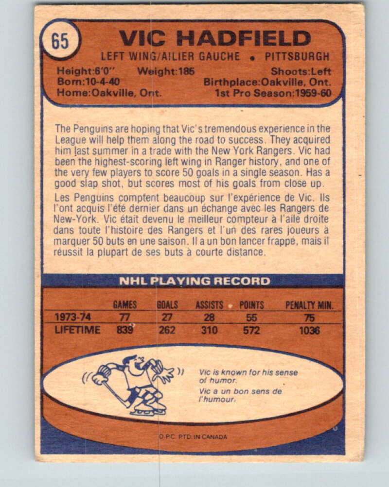 1974-75 O-Pee-Chee #65 Vic Hadfield Pittsburgh Penguins V4357