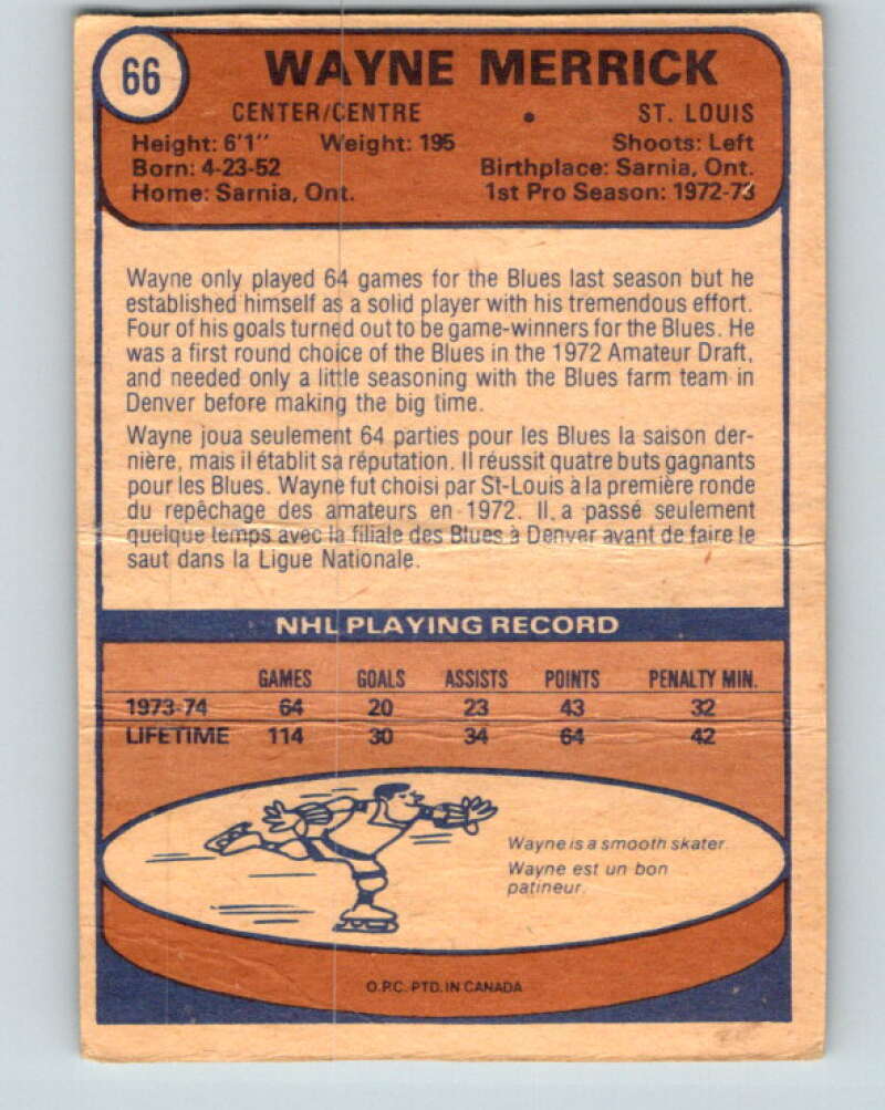 1974-75 O-Pee-Chee #66 Wayne Merrick RC Rookie St. Louis Blues V4358