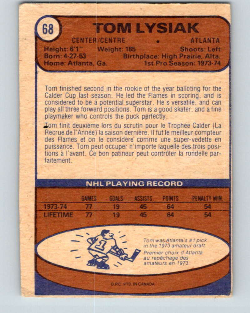 1974-75 O-Pee-Chee #68 Tom Lysiak RC Rookie Atlanta Flames V4362