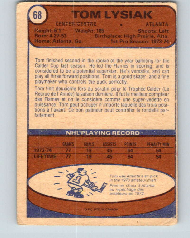 1974-75 O-Pee-Chee #68 Tom Lysiak RC Rookie Atlanta Flames V4363