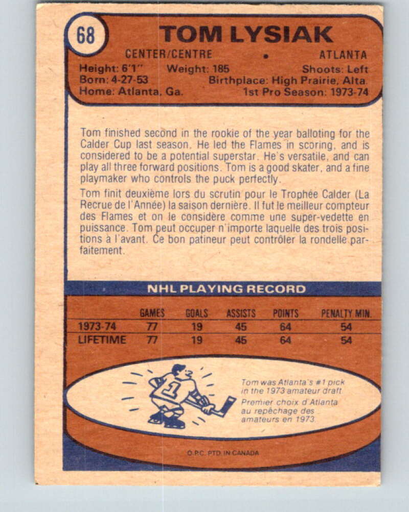 1974-75 O-Pee-Chee #68 Tom Lysiak RC Rookie Atlanta Flames V4364
