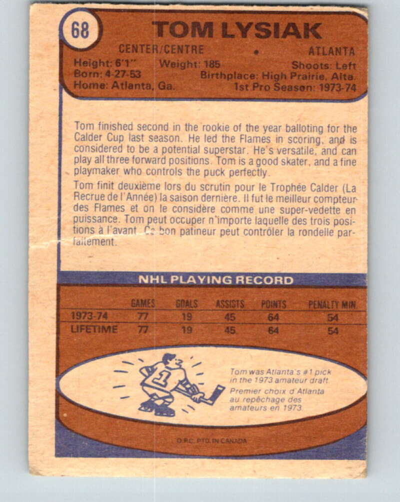 1974-75 O-Pee-Chee #68 Tom Lysiak RC Rookie Atlanta Flames V4365
