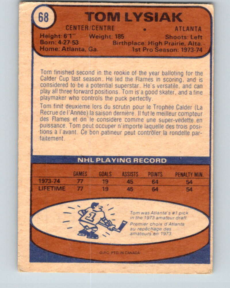 1974-75 O-Pee-Chee #68 Tom Lysiak RC Rookie Atlanta Flames V4366