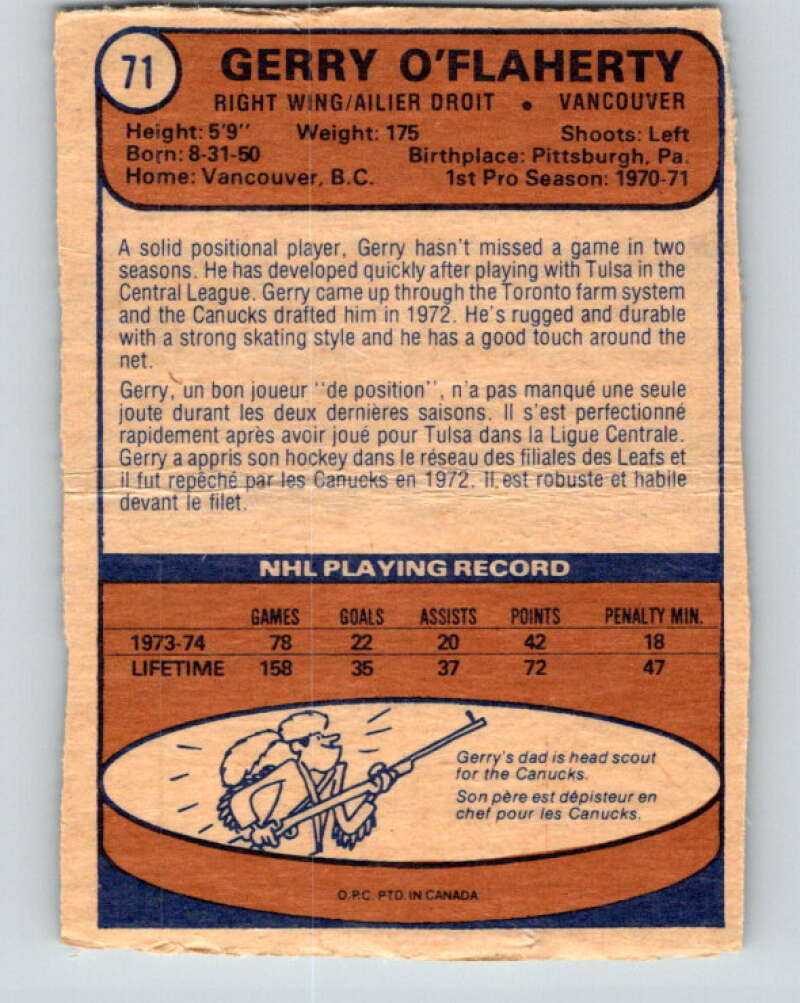1974-75 O-Pee-Chee #71 Gerry O'Flaherty Vancouver Canucks V4370