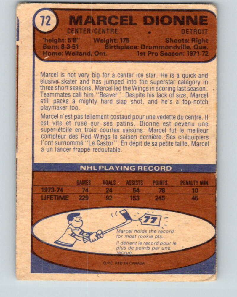 1974-75 O-Pee-Chee #72 Marcel Dionne Detroit Red Wings V4371