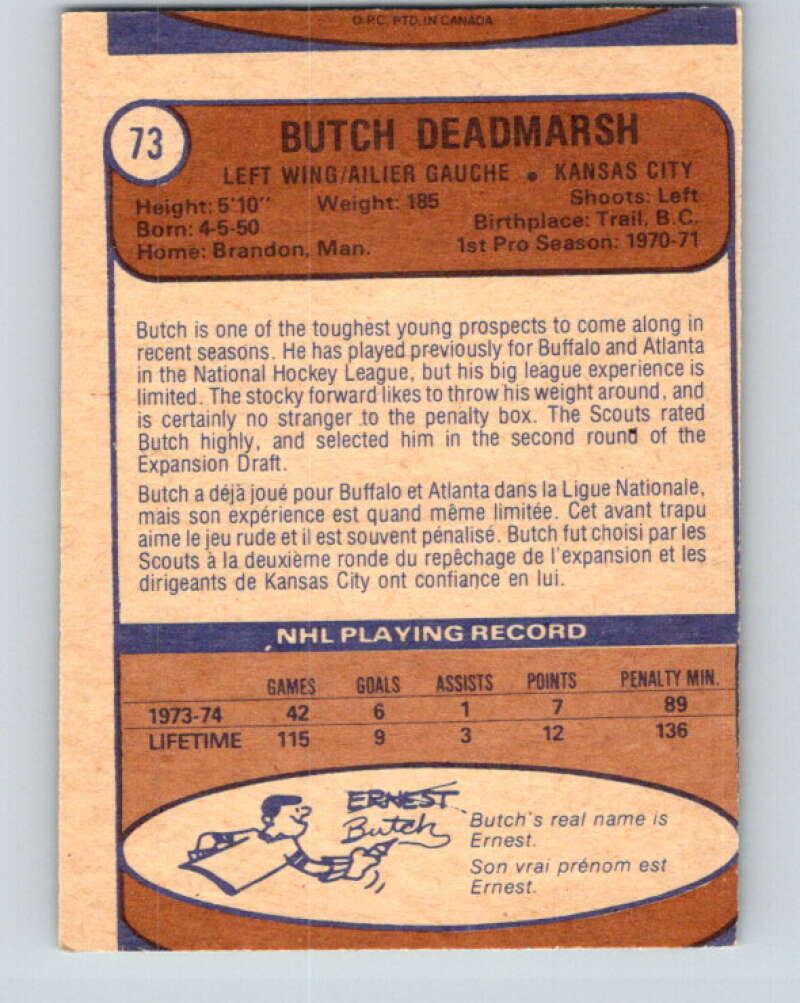 1974-75 O-Pee-Chee #73 Butch Deadmarsh Kansas City Scouts V4372