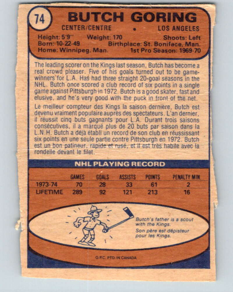 1974-75 O-Pee-Chee #74 Butch Goring Los Angeles Kings V4373