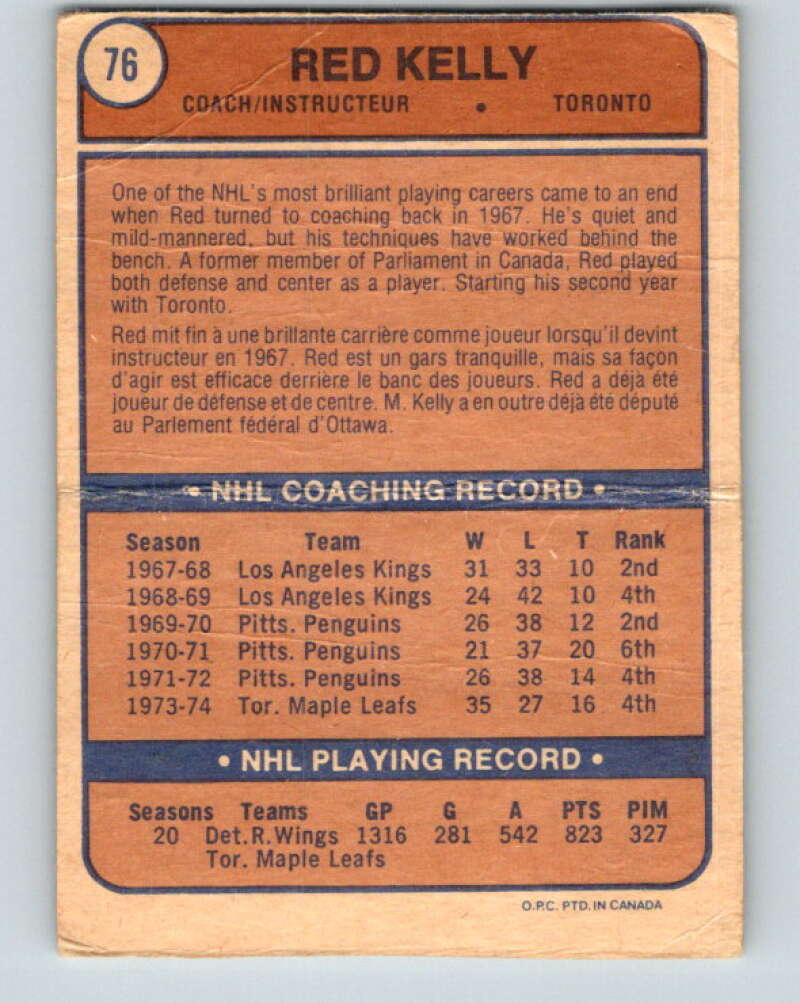 1974-75 O-Pee-Chee #76 Red Kelly CO Toronto Maple Leafs V4375