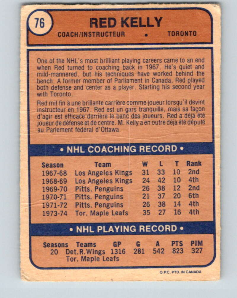 1974-75 O-Pee-Chee #76 Red Kelly CO Toronto Maple Leafs V4376