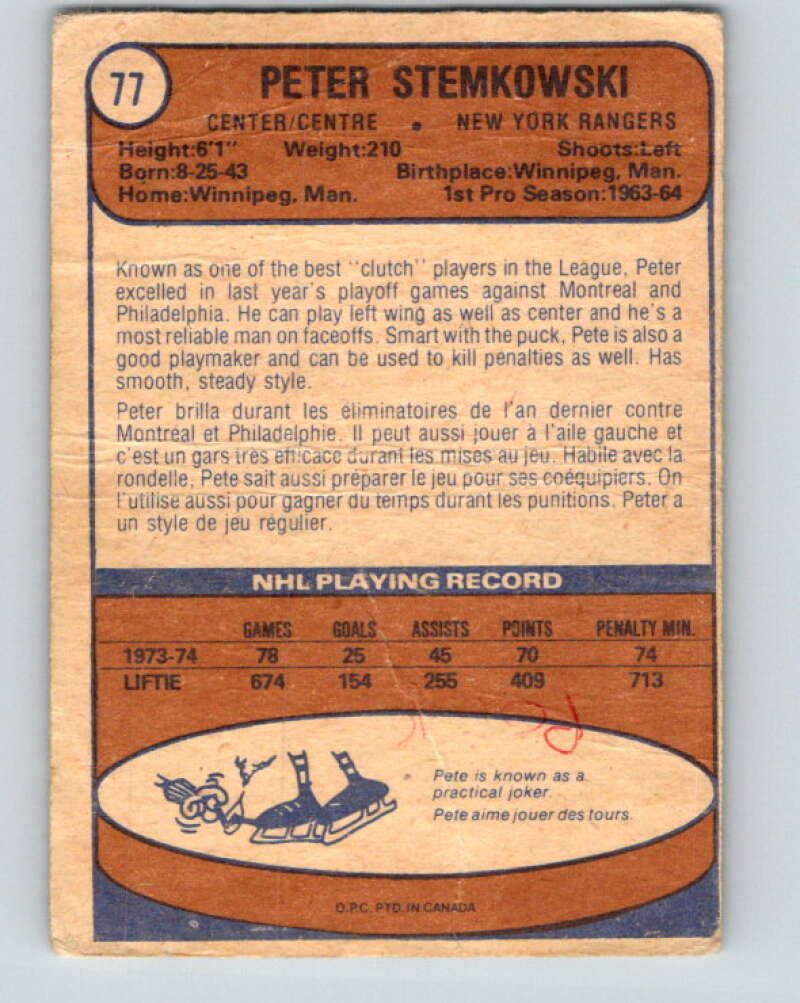 1974-75 O-Pee-Chee #77 Pete Stemkowski New York Rangers V4377