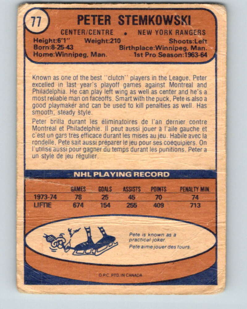 1974-75 O-Pee-Chee #77 Pete Stemkowski New York Rangers V4378