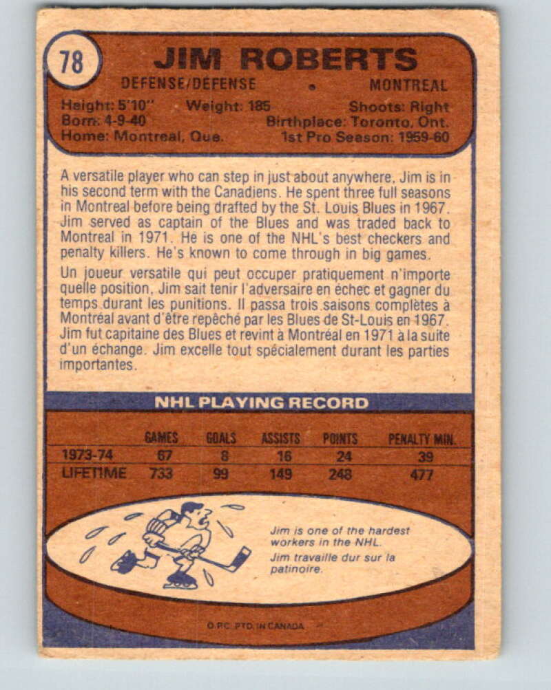 1974-75 O-Pee-Chee #78 Jim Roberts Montreal Canadiens V4379