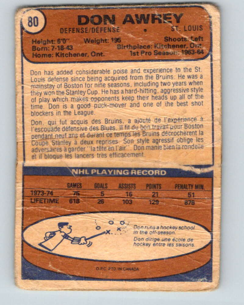 1974-75 O-Pee-Chee #80 Don Awrey St. Louis Blues V4381