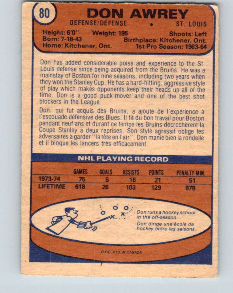 1974-75 O-Pee-Chee #80 Don Awrey St. Louis Blues V4382
