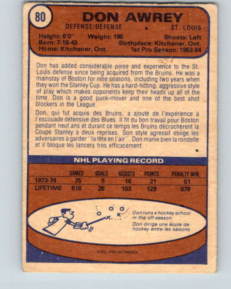 1974-75 O-Pee-Chee #80 Don Awrey St. Louis Blues V4383