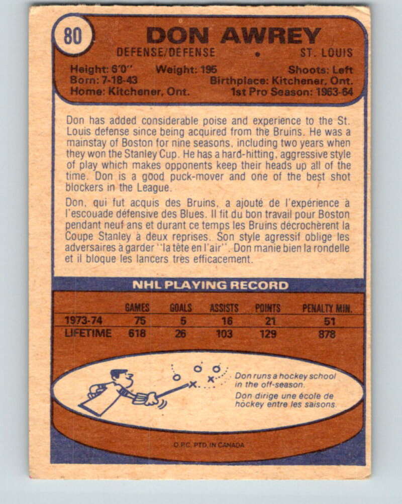 1974-75 O-Pee-Chee #80 Don Awrey St. Louis Blues V4384