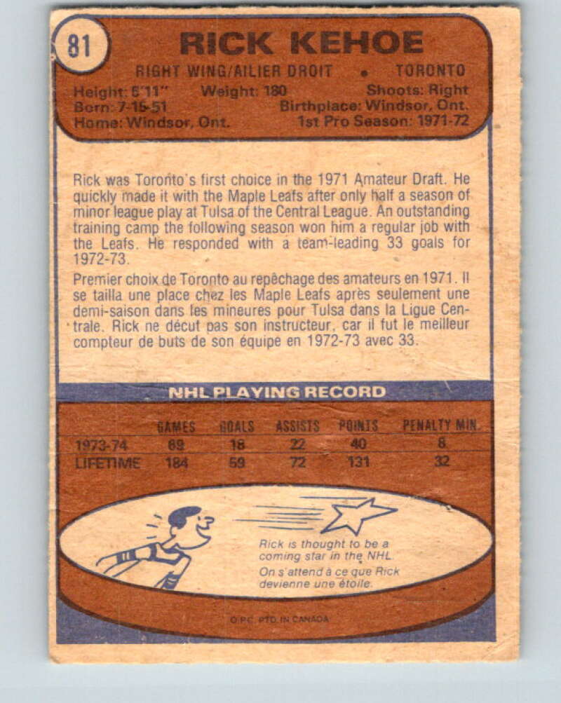 1974-75 O-Pee-Chee #81 Rick Kehoe Toronto Maple Leafs V4385