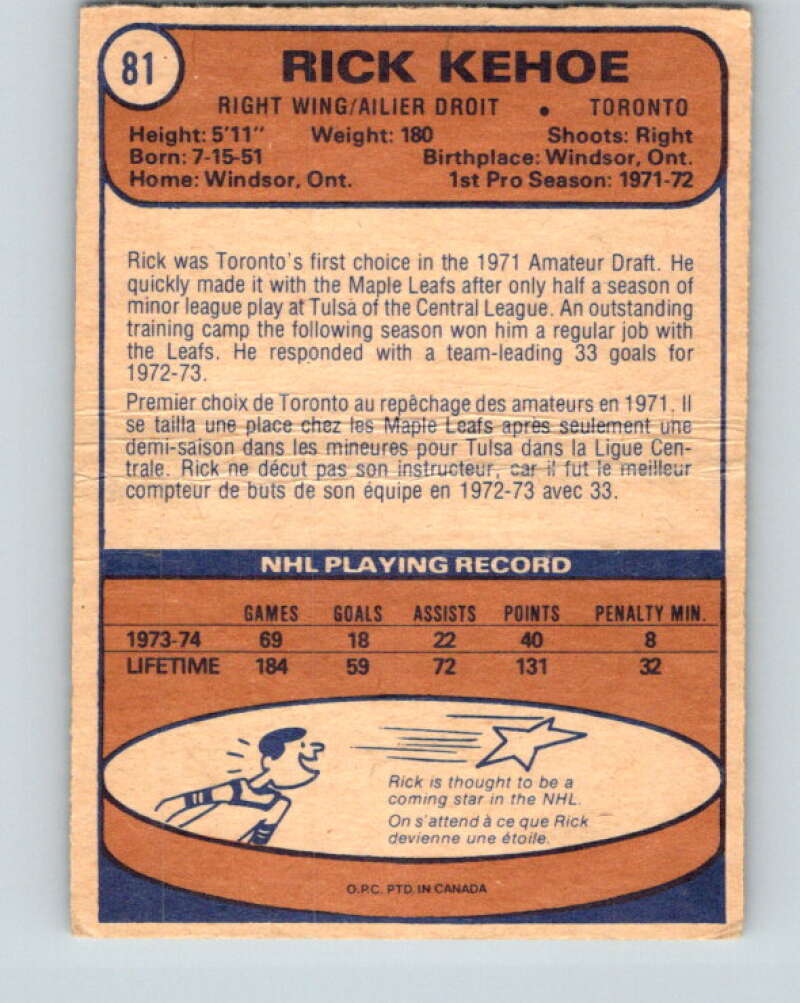 1974-75 O-Pee-Chee #81 Rick Kehoe Toronto Maple Leafs V4386