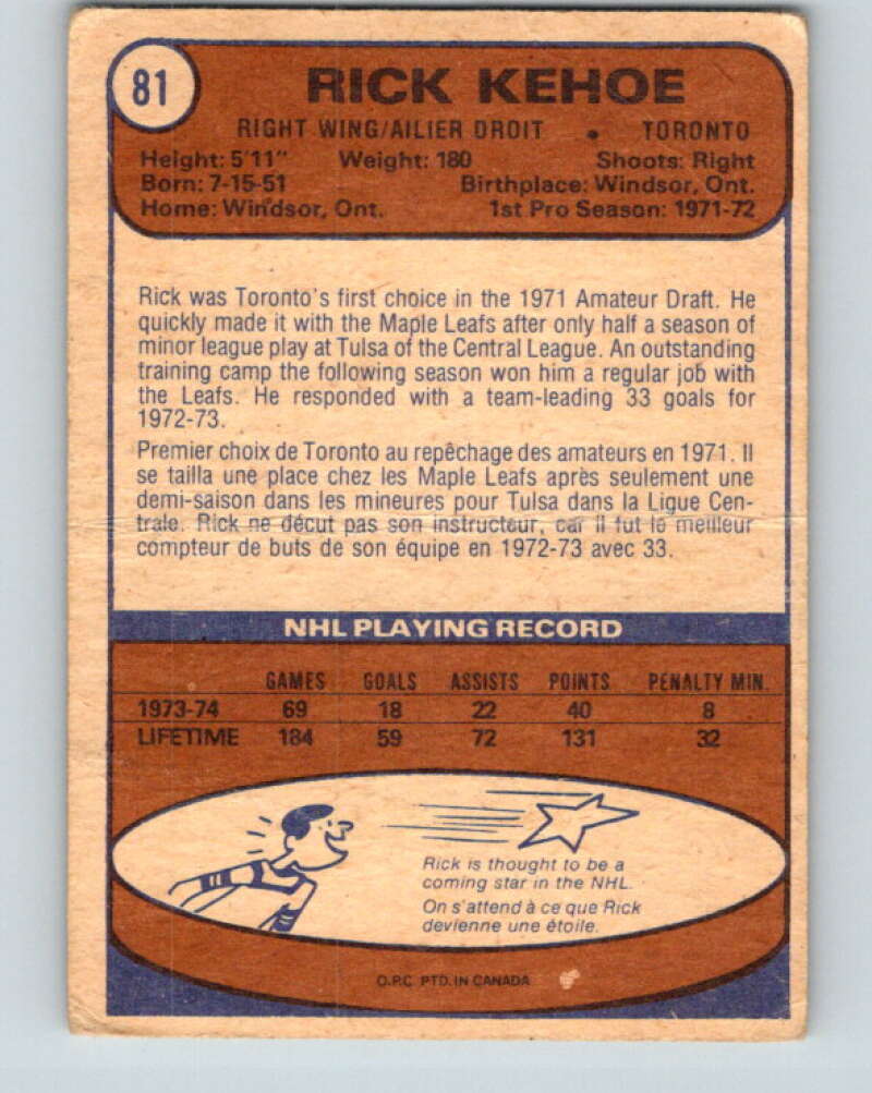 1974-75 O-Pee-Chee #81 Rick Kehoe Toronto Maple Leafs V4387