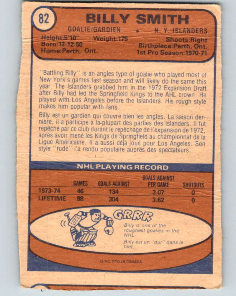 1974-75 O-Pee-Chee #82 Billy Smith New York Islanders V4390