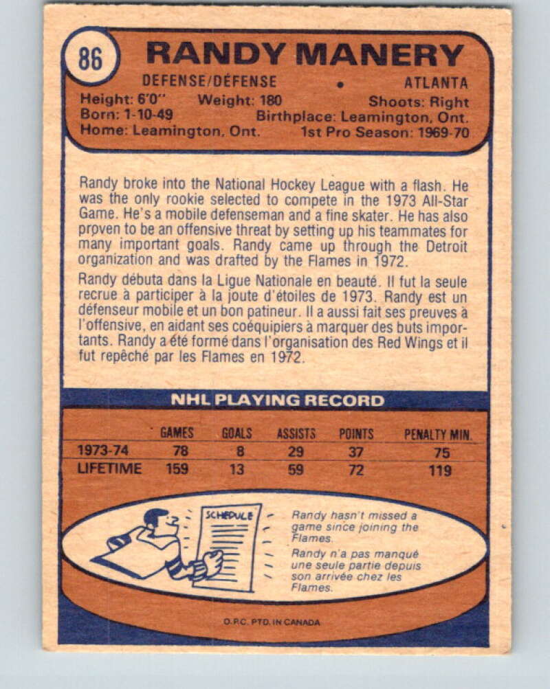 1974-75 O-Pee-Chee #86 Randy Manery Atlanta Flames V4399